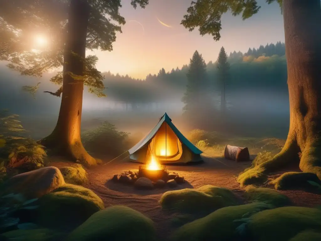 Acampada ancestral: honrar ancestros en bosque místico al atardecer