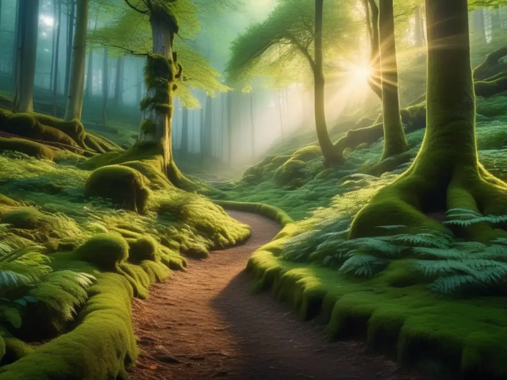 Bosque místico al atardecer con árboles altos, sendero de musgo verde y cascada cristalina