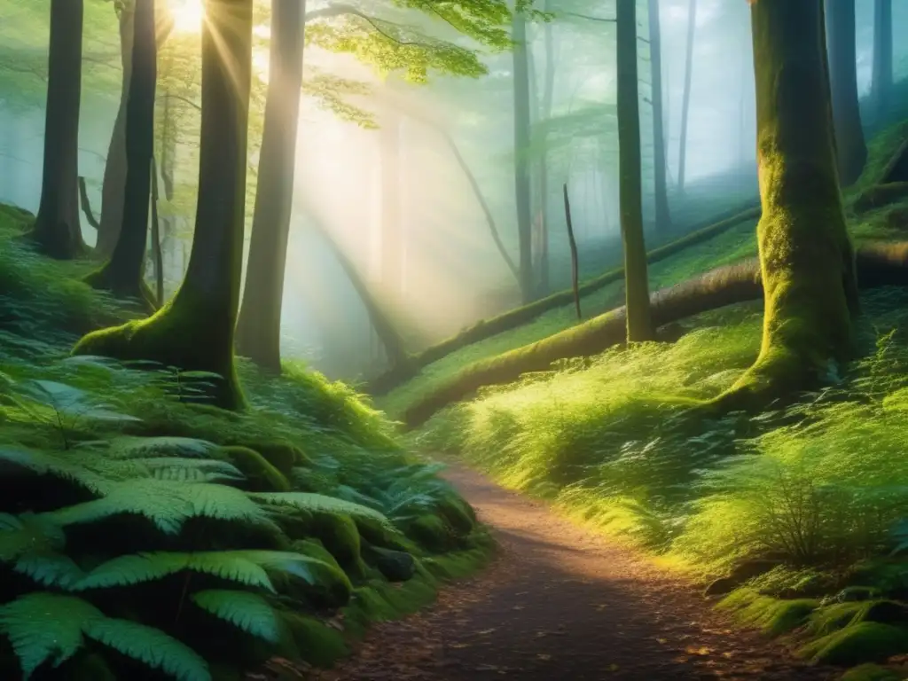 Fotografía de paisaje boscoso: neblina matutina, árboles altos, hojas verdes, luz dorada, rocas cubiertas de musgo, sendero misterioso