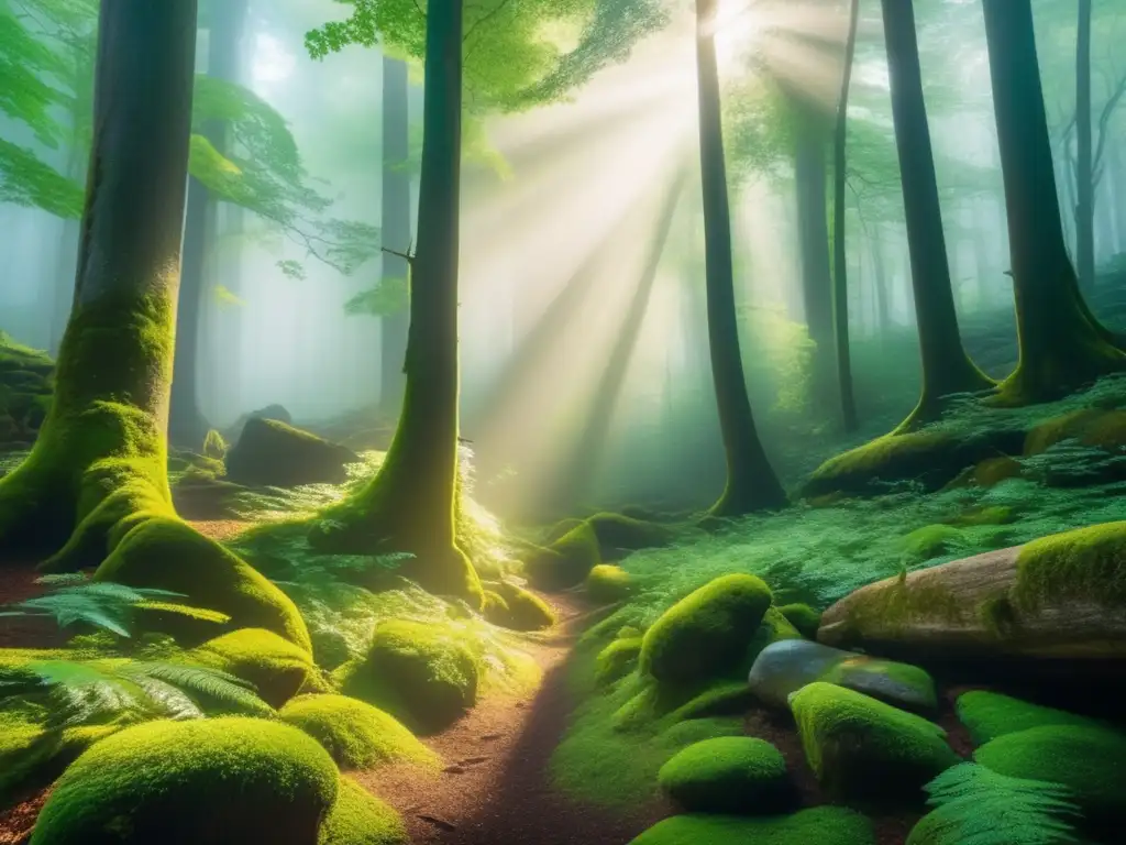 Un bosque místico y denso, con árboles altos y frondosos, envuelto en una suave bruma etérea