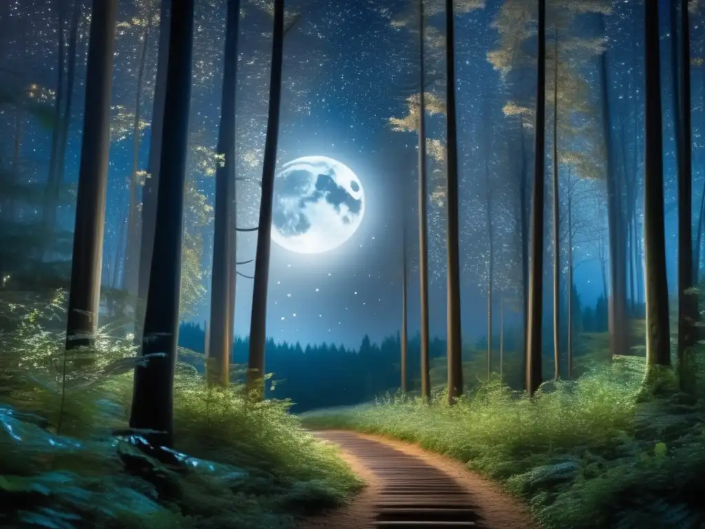 Senderismo místico bajo la luna: bosque encantador con árboles ancestrales, sendero iluminado por la luna, estrellas brillantes