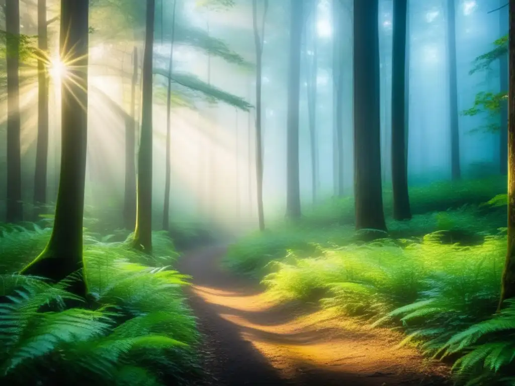 Beneficios del senderismo mindfulness en la naturaleza: Bosque sereno con árboles majestuosos y sendero misterioso