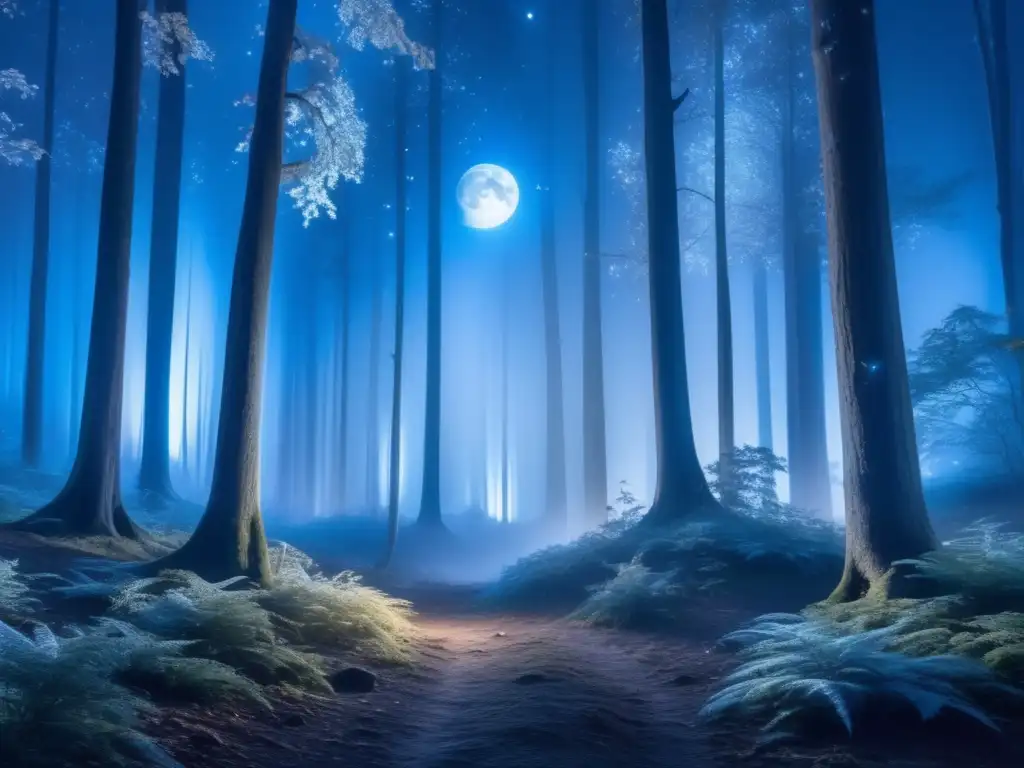 Senderismo místico bajo la luna: un bosque nocturno iluminado por la luna, árboles majestuosos y neblina misteriosa