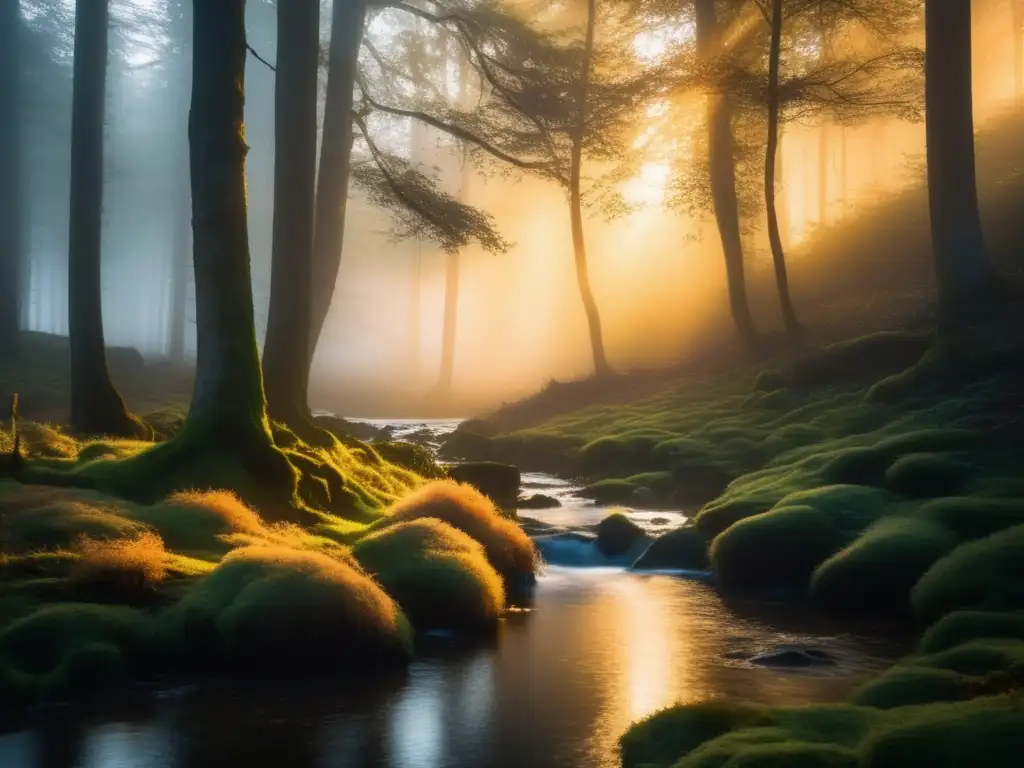 Bosque místico con árboles altos y delgados, luz dorada y arroyo cristalino