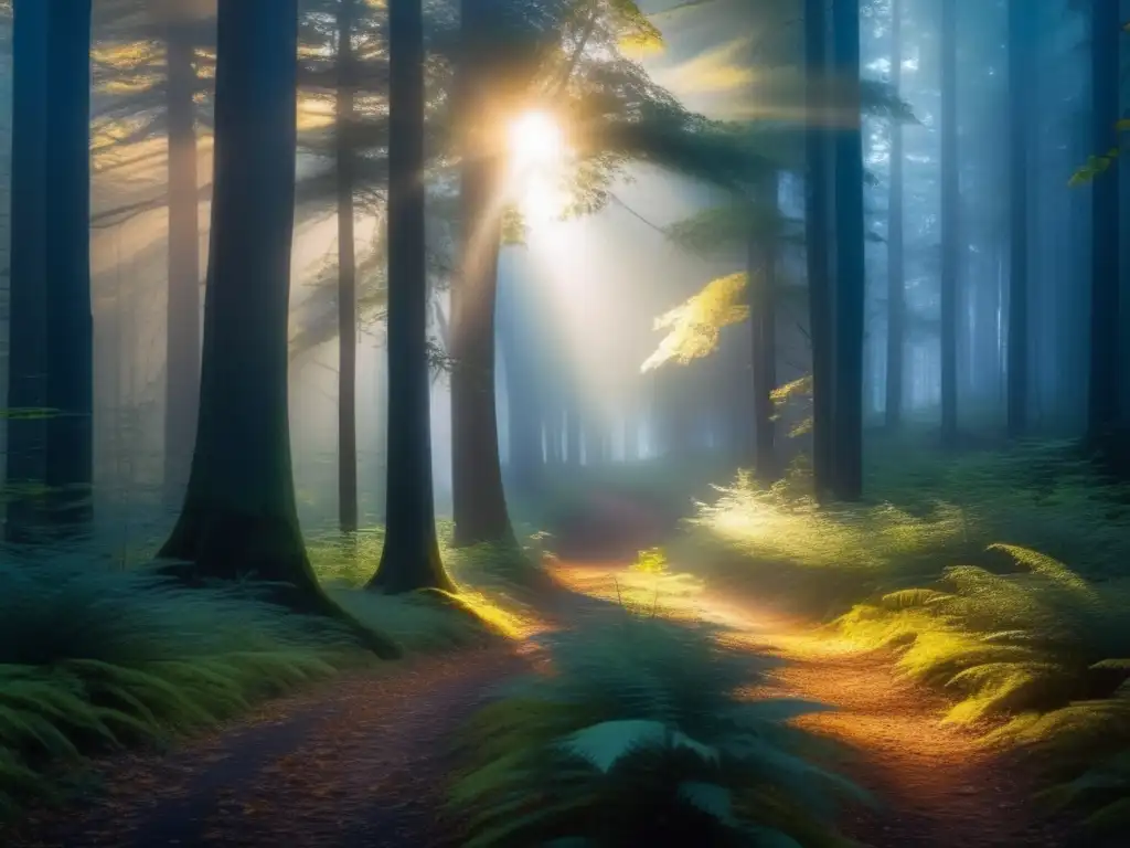 Senderismo y camping en la naturaleza ancestral: Un bosque sereno y virgen al atardecer, con árboles majestuosos, sendero y río místico