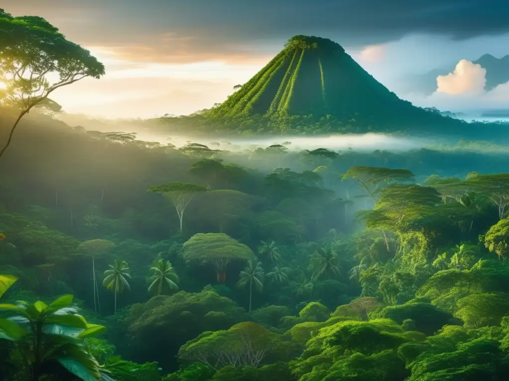 Tradición oral indígena y naturaleza en un bosque encantador al atardecer con comunidad ancestral