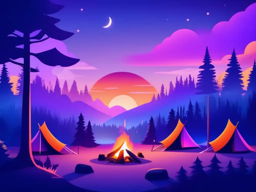 Ilustración de campamento místico en bosque, atardecer