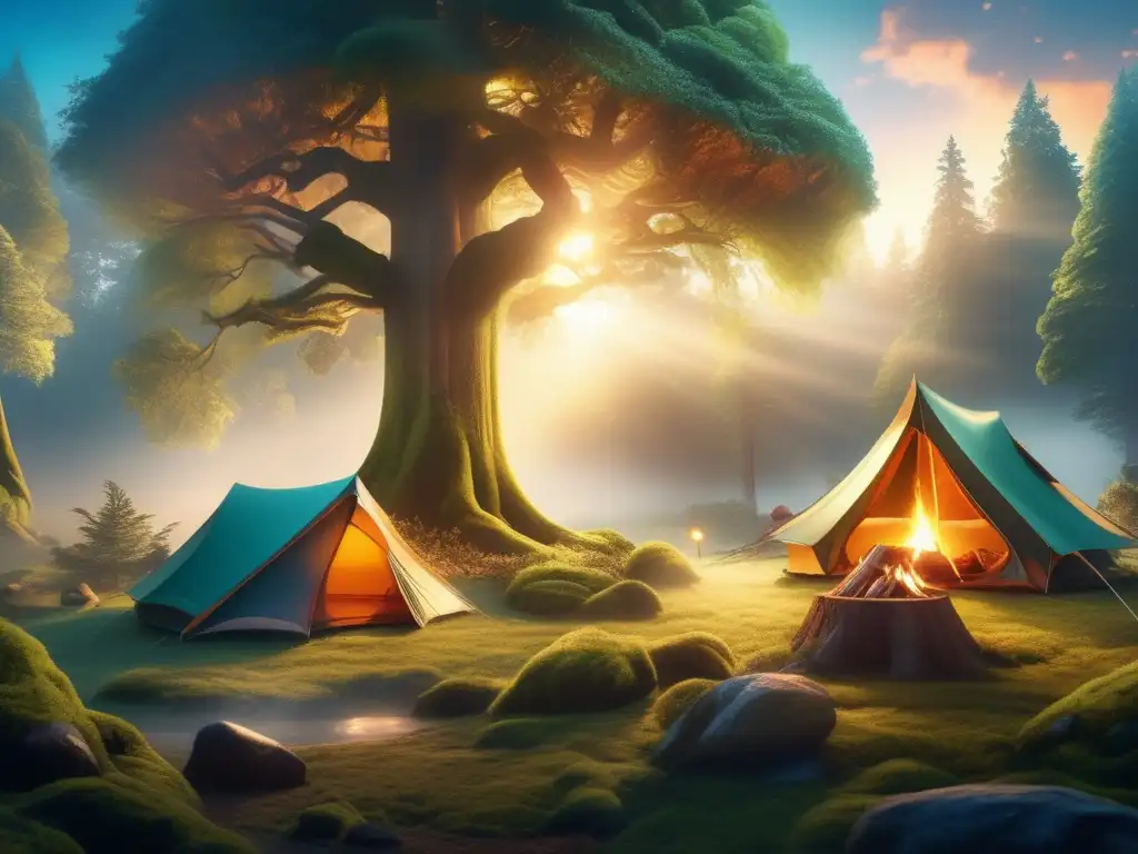 Ilustraciones destinos acampada místicos - Escena camping mística con bosque sereno, criaturas míticas y cascada impresionante