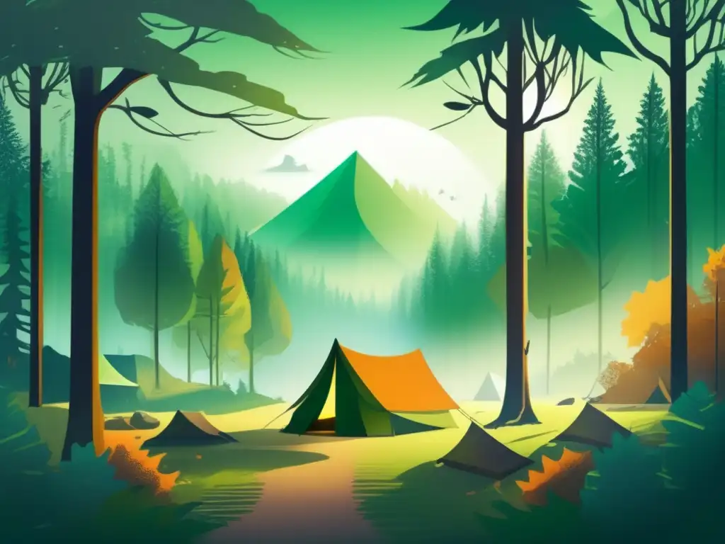 Ilustración destinos acampada místicos, bosque misterioso, campamento acogedor, naturaleza encantada