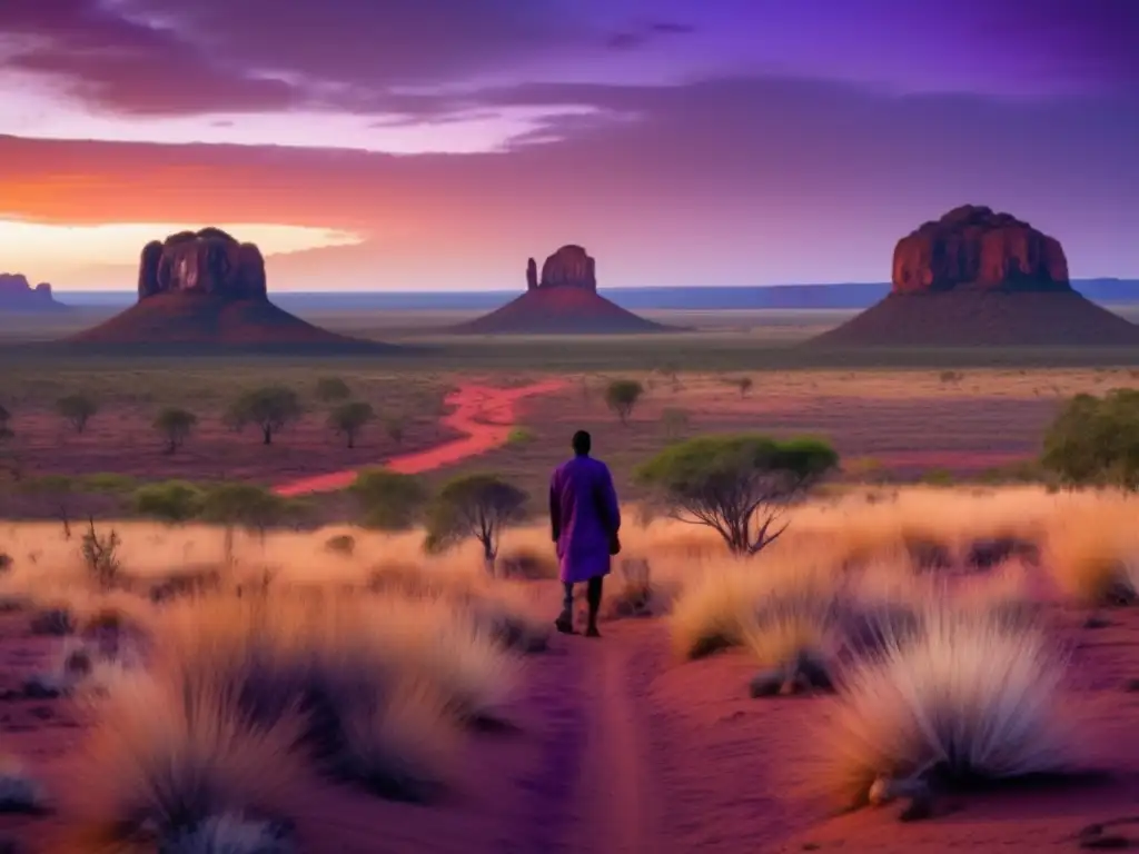 Paisaje outback Australia al atardecer con figura aborigen y fuego - Consejos de supervivencia aborígenes Australia