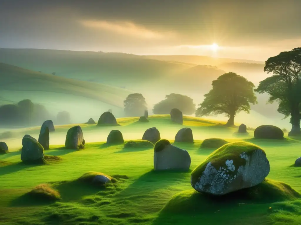 Paisaje místico con círculo de piedras celtas: Espiritualidad, senderismo, camping