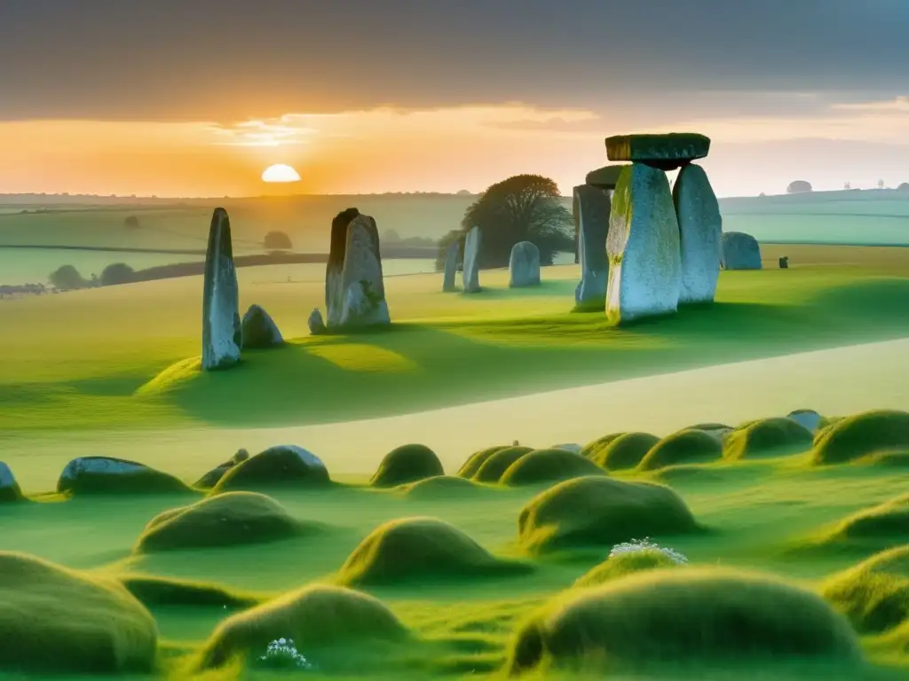 Senderismo en círculo de piedras Avebury al atardecer