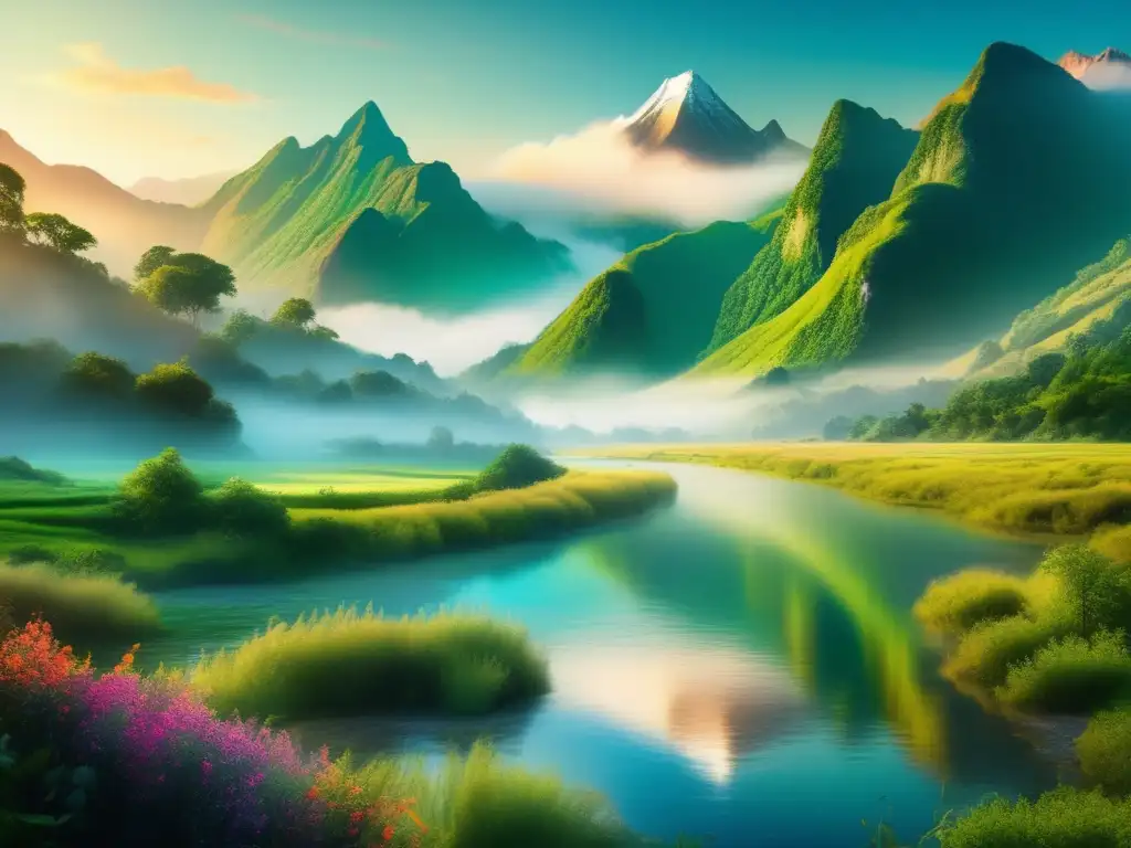 Ilustración 8K de paisaje místico con montañas, río, agua cristalina y destinos naturales místicos