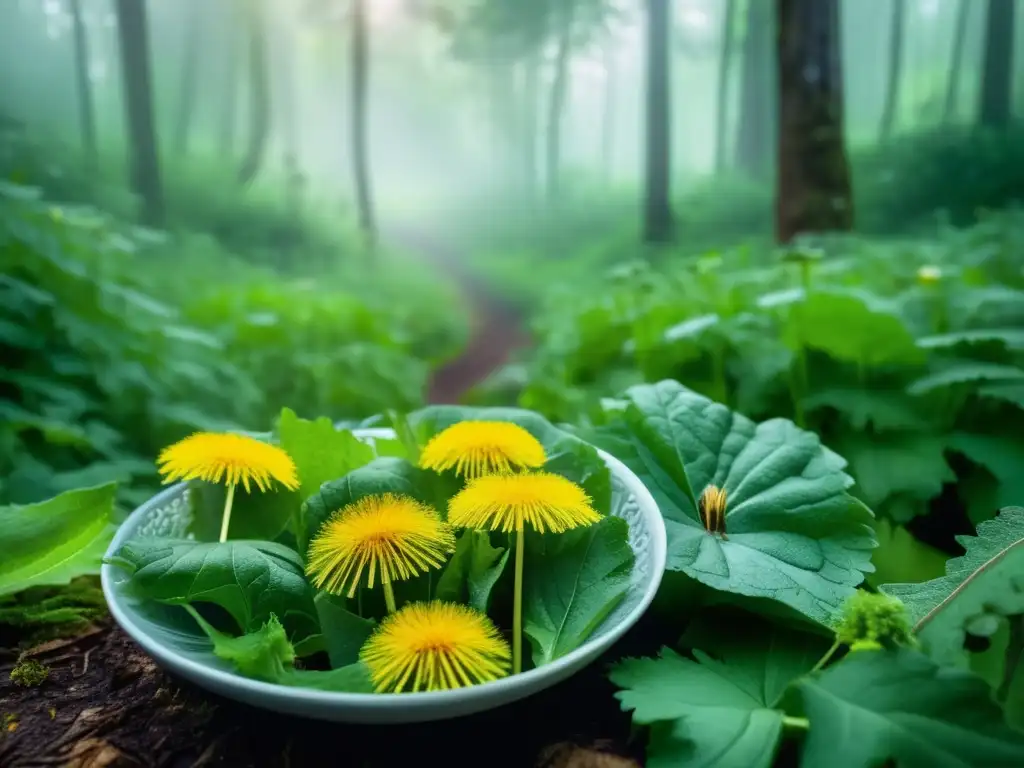 Plantas comestibles en senderismo: imagen mágica de plantas y ensalada vibrante en un sendero con bosque místico y fogoso