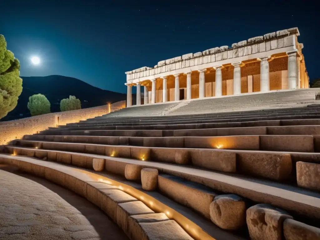 Acampada en el Teatro de Epidauro Grecia, misterio y belleza en una imagen 8k