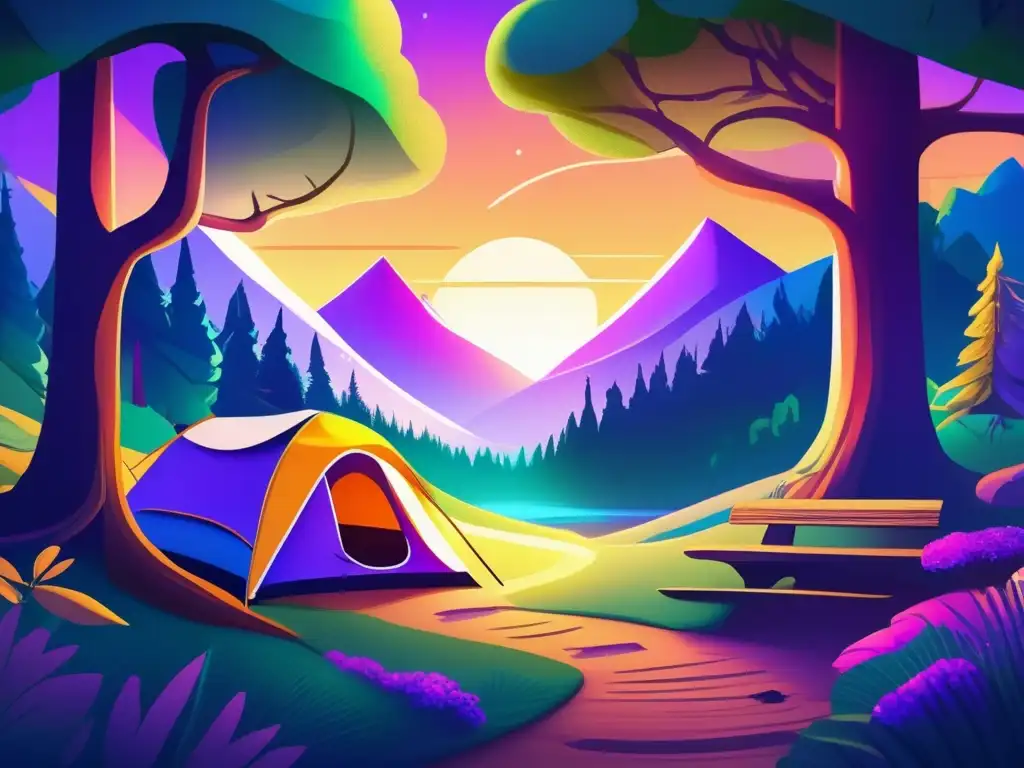 Ilustraciones destinos acampada místicos, bosque encantado, montañas majestuosas, cielo celestial