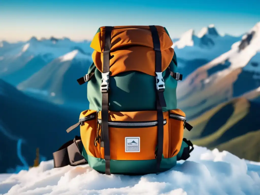 Equipamiento de alta montaña esencial: Mochila moderna y detallada en 8k, con impactante paisaje nevado y colores vibrantes