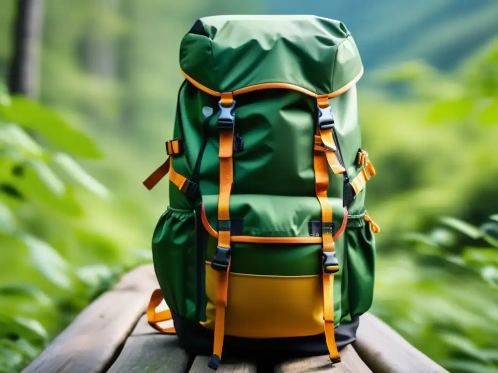 Alimentos seguros y frescos en naturaleza: mochila de senderismo con comida variada y vibrante bosque de fondo