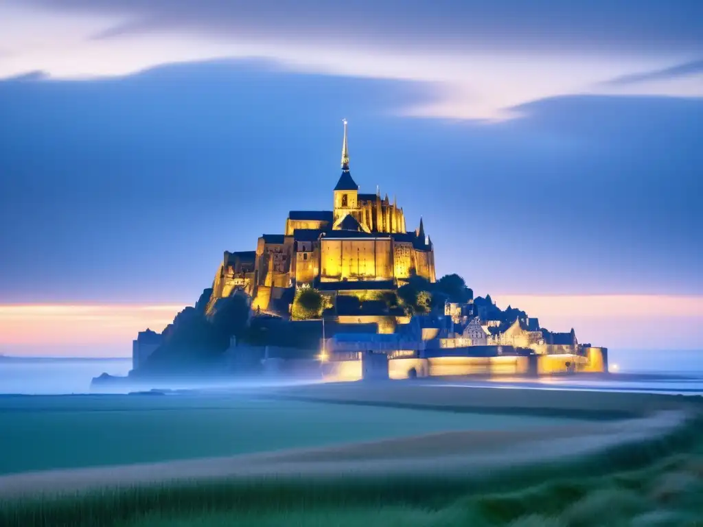 Experiencia de acampar en Mont Saint Michel: monasterio gótico iluminado, misteriosa niebla, paisaje encantador