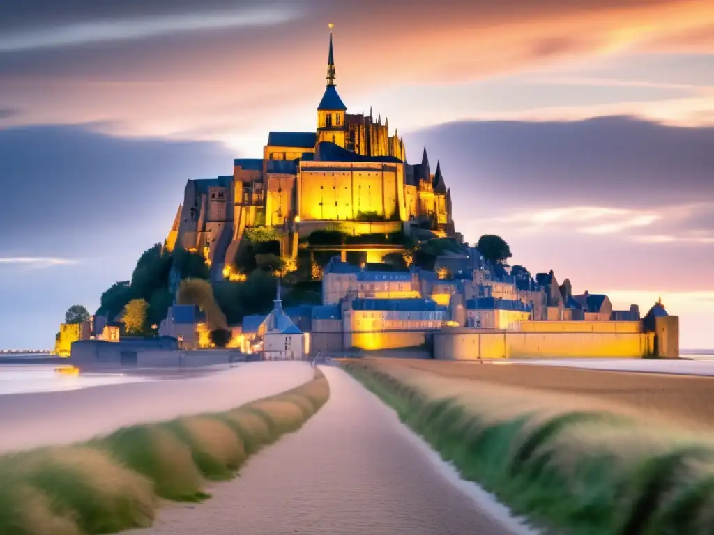 Experiencia acampar en Mont Saint Michel, imagen 8k detallada del majestuoso monasterio al atardecer