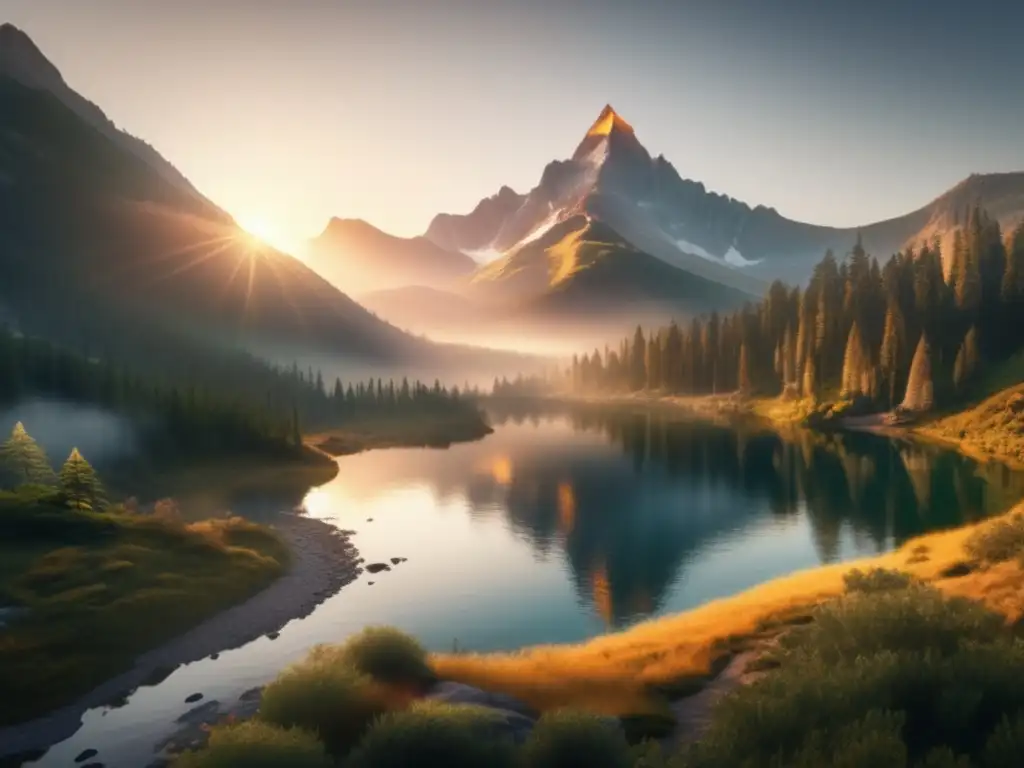 Beneficios del senderismo en la salud mental: Paisaje de montaña al amanecer con sendero y hikers en la naturaleza