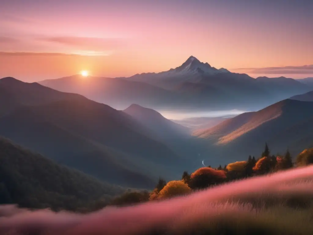 Beneficios del yoga al amanecer en la naturaleza: escena de montaña serena con árbol solitario y cielo vibrante