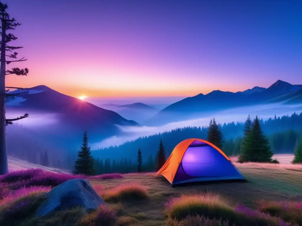 Paisaje de montaña al amanecer con camping y senderismo ético