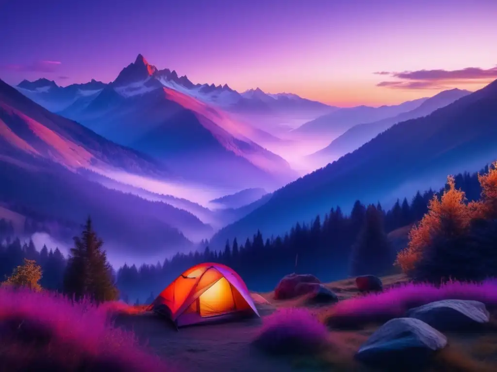 Senderismo y camping: conexión espiritual con la naturaleza en una impresionante imagen de montaña al atardecer