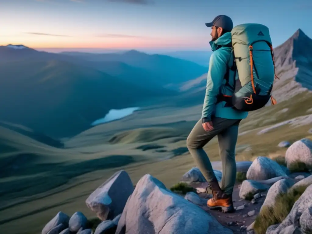 Indumentaria camping y senderismo: hiker en paisaje montañoso al atardecer