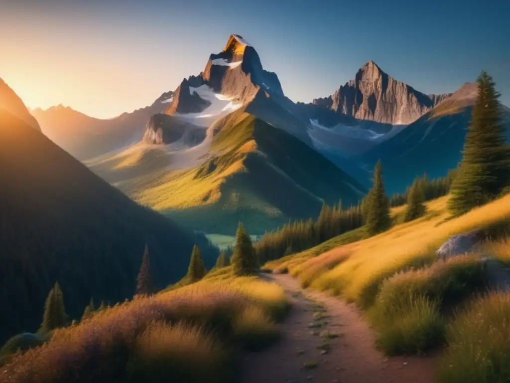 Senderismo y camping en armonía con la naturaleza: majestuosa montaña al atardecer