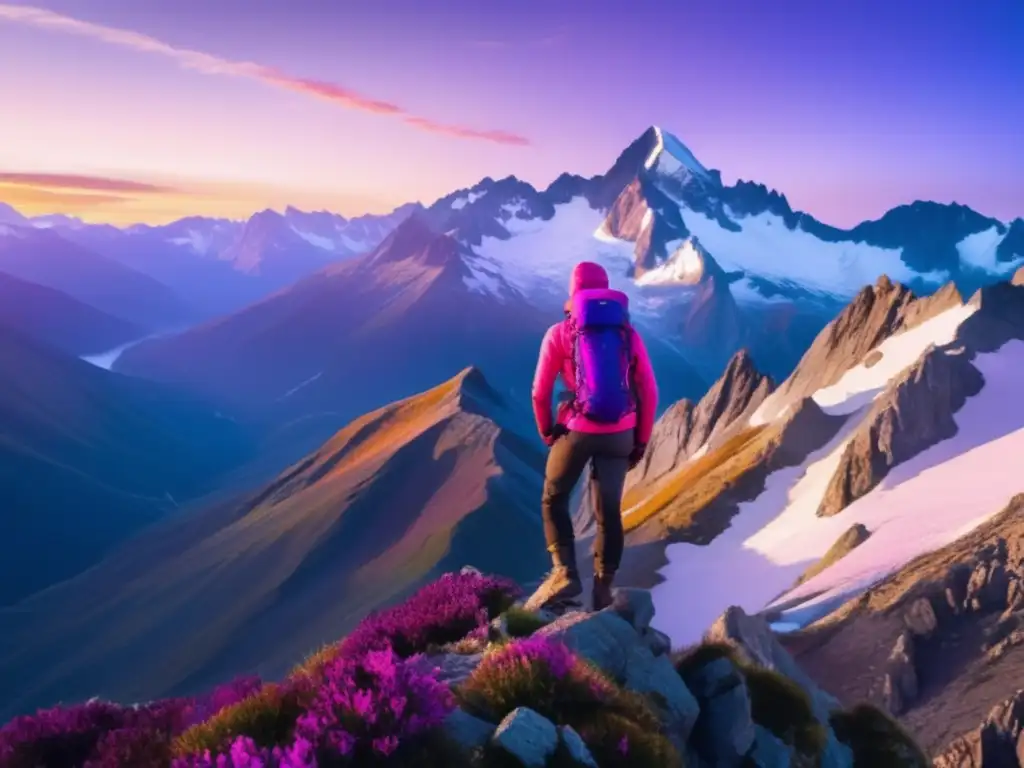 Hiker contempla majestuoso paisaje de montañas nevadas al amanecer