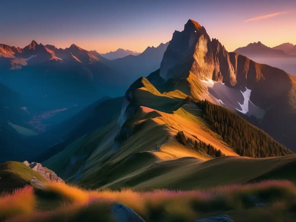 Entrenamiento en altitud: montaña al atardecer, figura solitaria, misterio y belleza