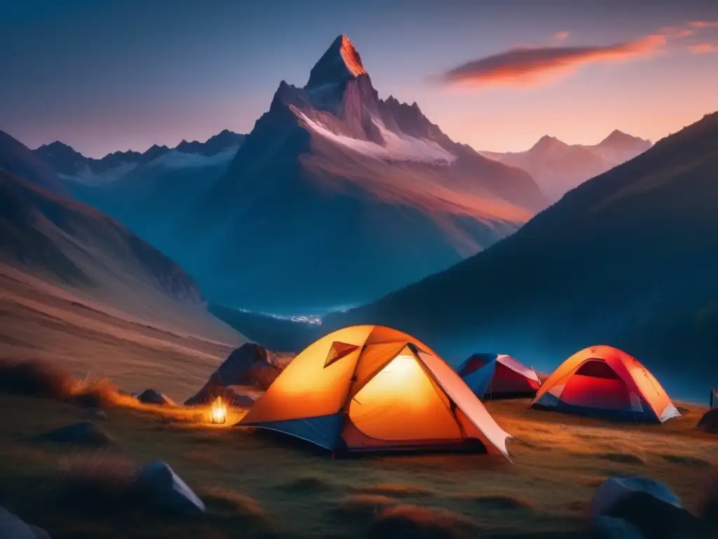 Paisaje de montaña al anochecer con saco de dormir para expediciones