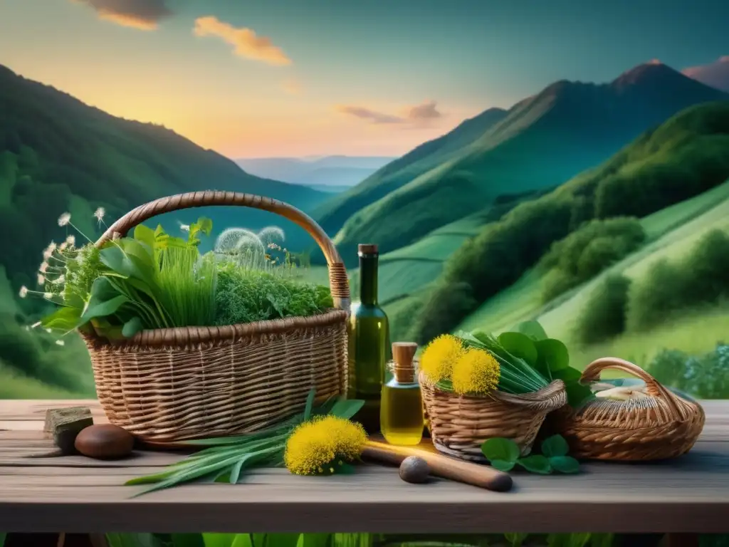 Un sendero en la montaña con plantas silvestres, utensilios de recolección y un cuchillo en una mesa de madera en el bosque