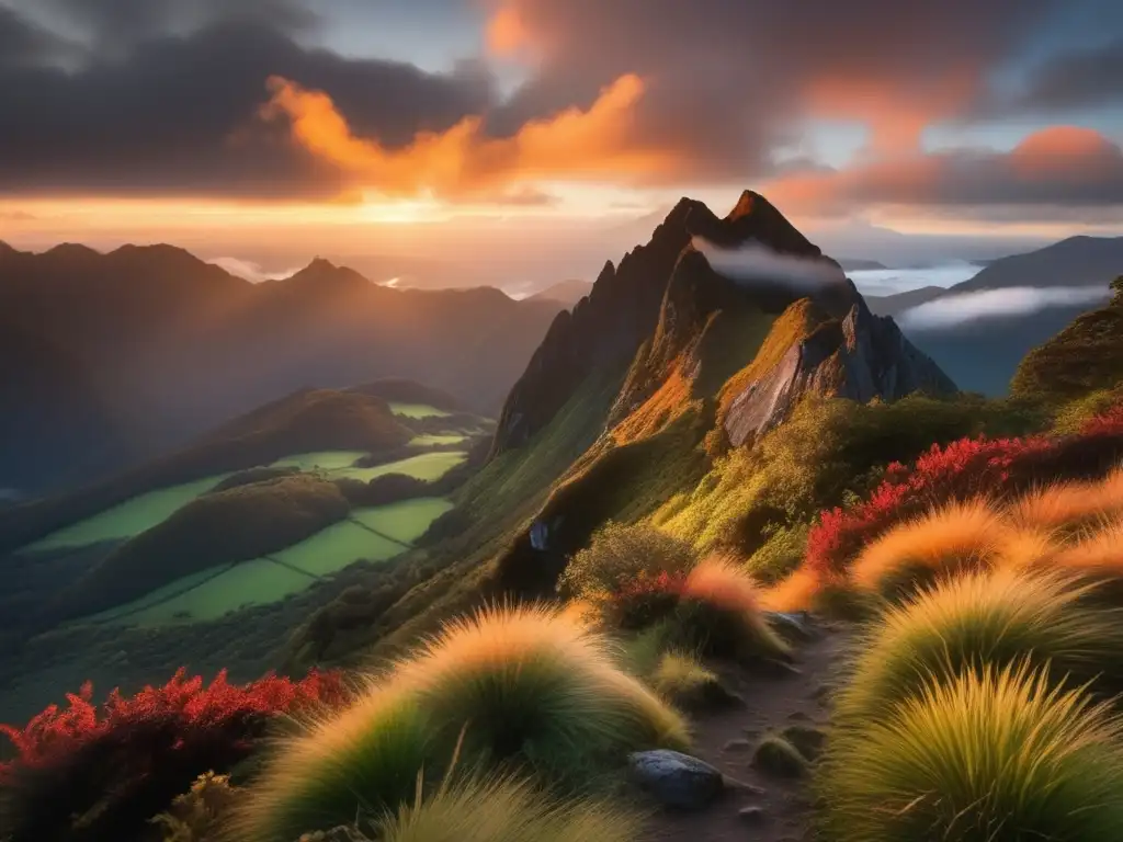 Hiker realizando ejercicios de estiramiento en paisaje montañoso mistico y tranquilo