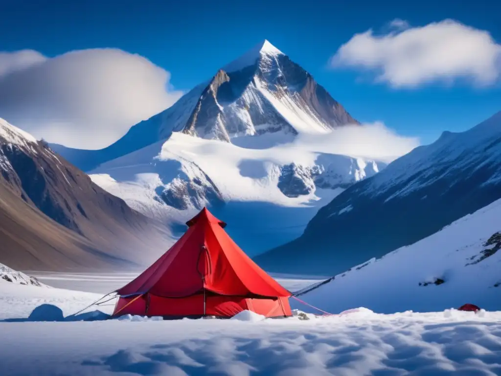 Equipos de acampada para alta montaña: Majestuosa montaña nevada, terreno rocoso y pareja de montañistas preparándose para ascenso desafiante