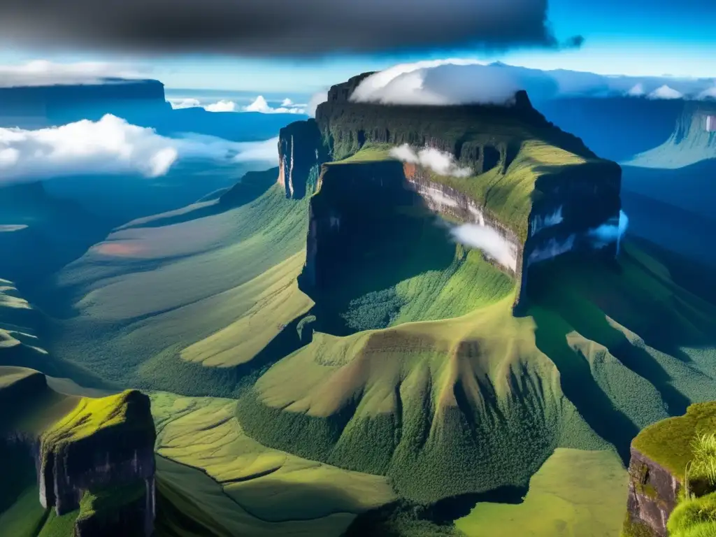 Guía de acampada en Tepuyes: Montaña Roraima impresionante, con cascadas, vegetación exuberante y una misteriosa niebla