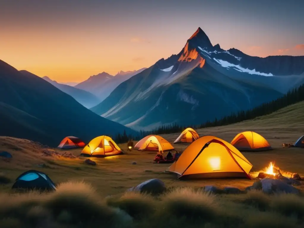 Increíble paisaje montañoso al atardecer con campistas - Innovaciones equipo acampada naturaleza