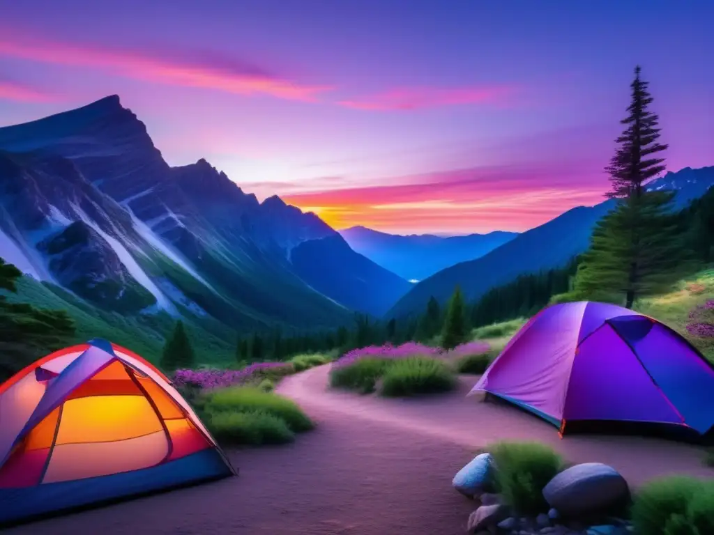 Paisaje de montaña al atardecer, senderismo y camping: beneficios de la naturaleza