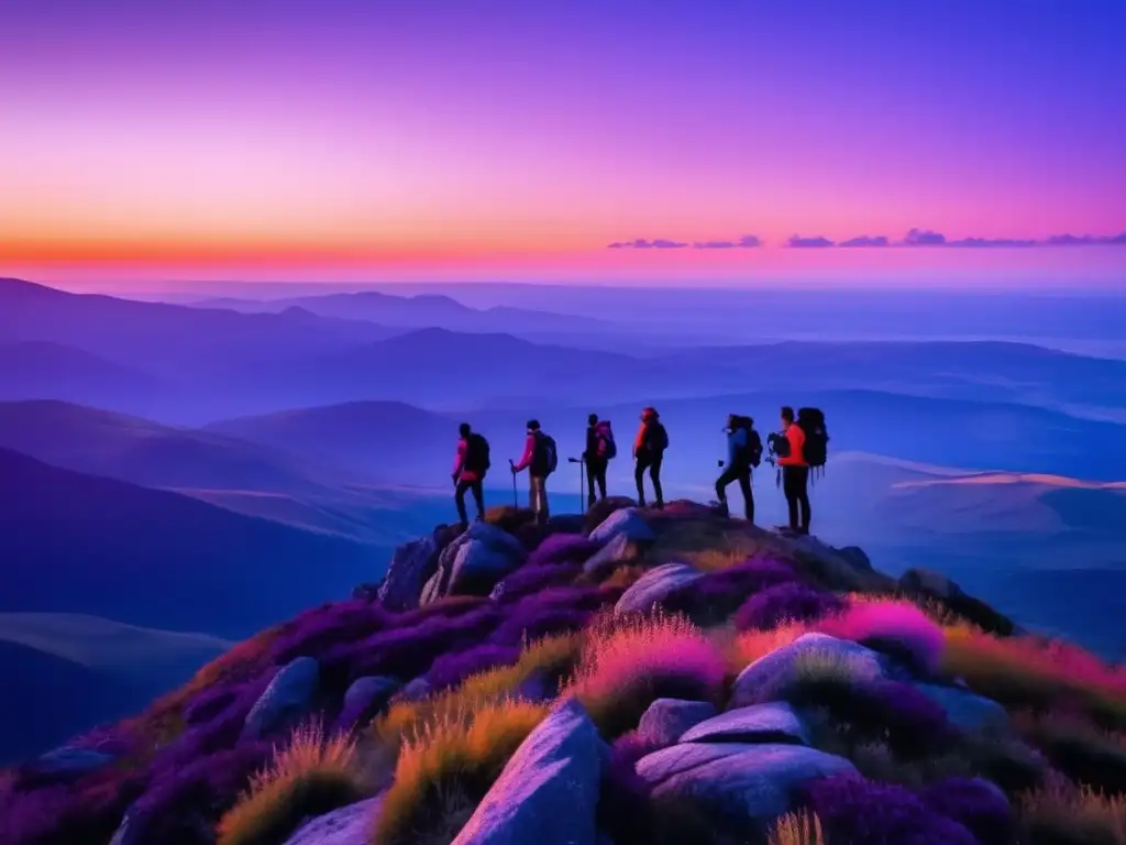 Beneficios sociales del senderismo y camping: Hikers en la cima de una montaña, rodeados de naturaleza salvaje y un hermoso atardecer