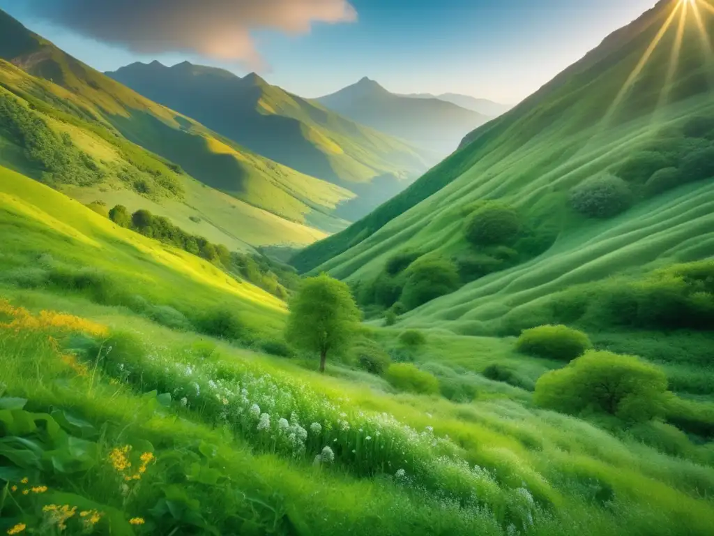 Recetas de montaña con plantas silvestres: una impresionante imagen 8k detallada de una montaña exuberante en la luz matutina