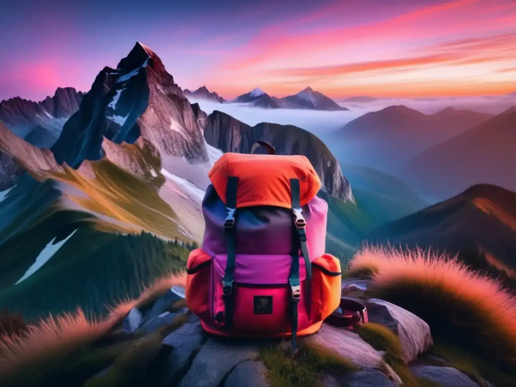 Preparativos ruta senderismo camping: impresionante imagen de una cordillera al amanecer, con tonos vibrantes de naranja y rosa iluminando el cielo