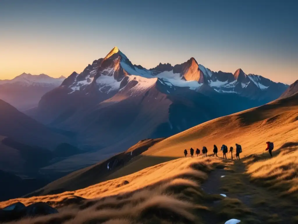 Paisaje montañoso al atardecer con hikers y equipo acampada - Evolución equipo acampada senderismo