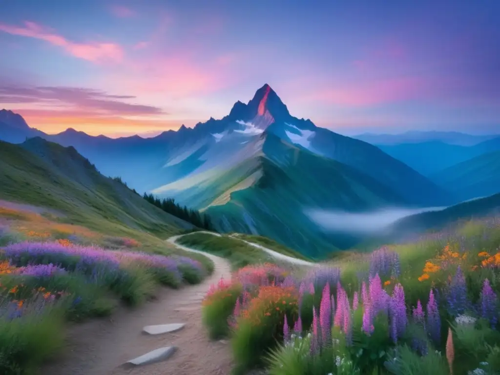 Paisaje montañoso al atardecer con sendero y flores silvestres - Beneficios de los sonidos naturales en la salud mental