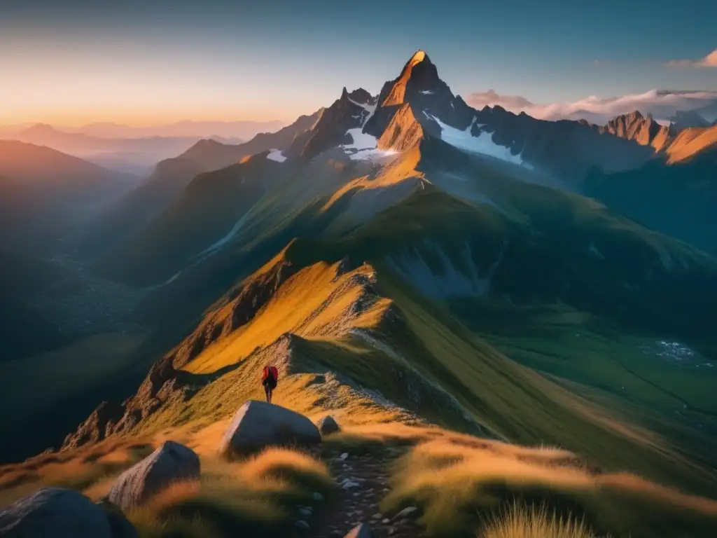 Importancia planificación preparación supervivencia aire libre: Hiker en majestuoso paisaje de montaña al atardecer