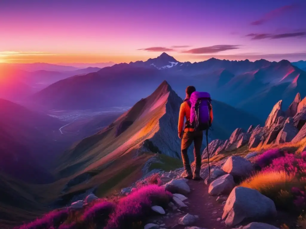 Vista panorámica de montañas al atardecer para senderismo con tienda de campaña (Historia tienda campaña senderismo)