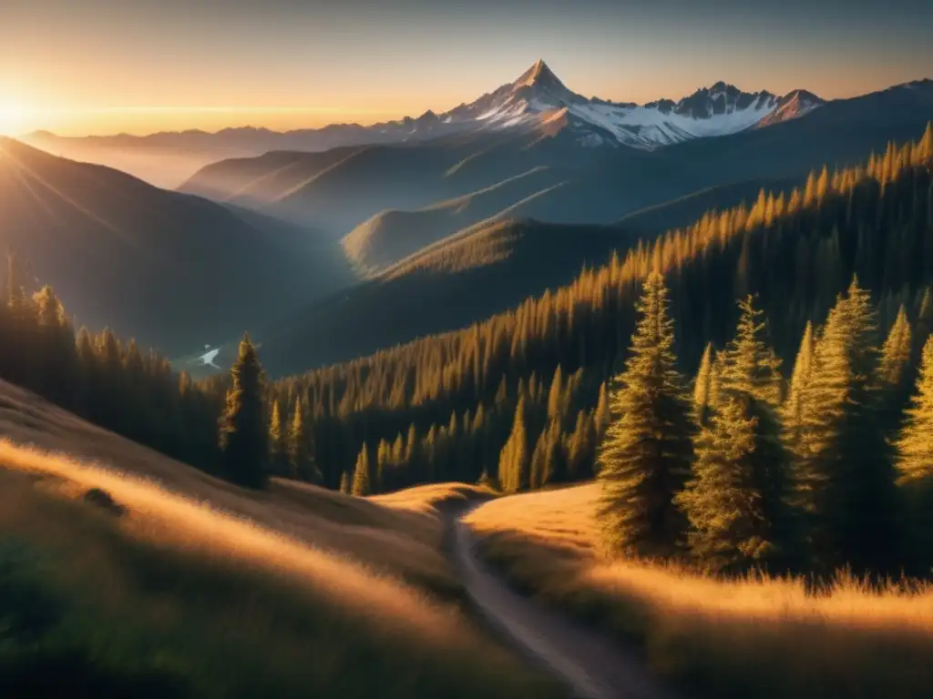 Paisaje montañoso al atardecer con senderismo y cuentos inspiradores