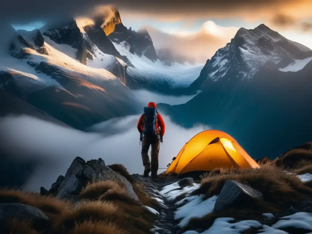 Preparación camping en condiciones extremas: montañas nevadas, aventurero solitario, naturaleza impresionante