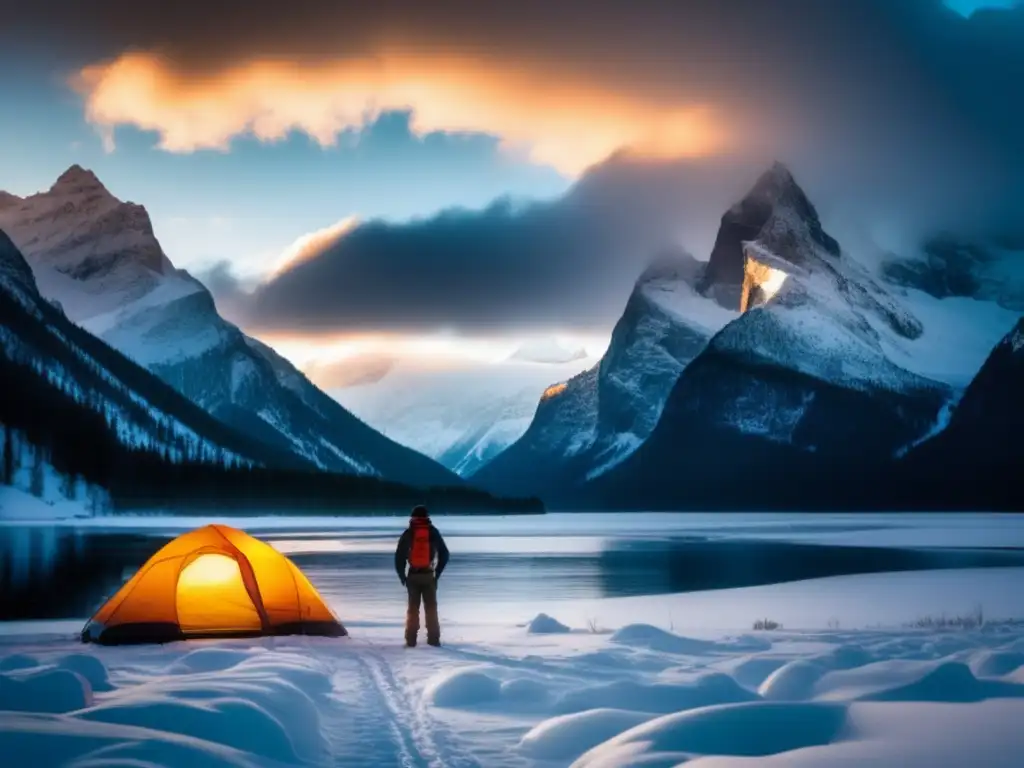 Preparación para camping en condiciones extremas, majestuosas montañas cubiertas de nieve y un sol radiante iluminando la naturaleza