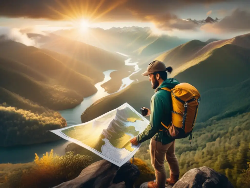 Hiker en cima montaña con mapa y brújula, rodeado de paisaje montañoso, bosques y ríos